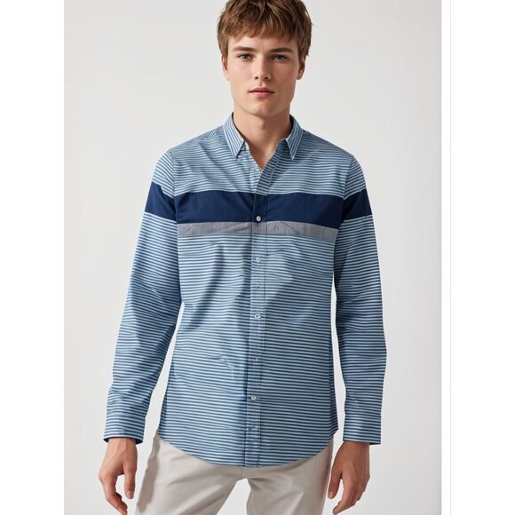 Tommy Hilfiger Men's Blue White Striped Slim Fit Long Sleeve Casual Shirt Sz S/P - Picture 1 of 11